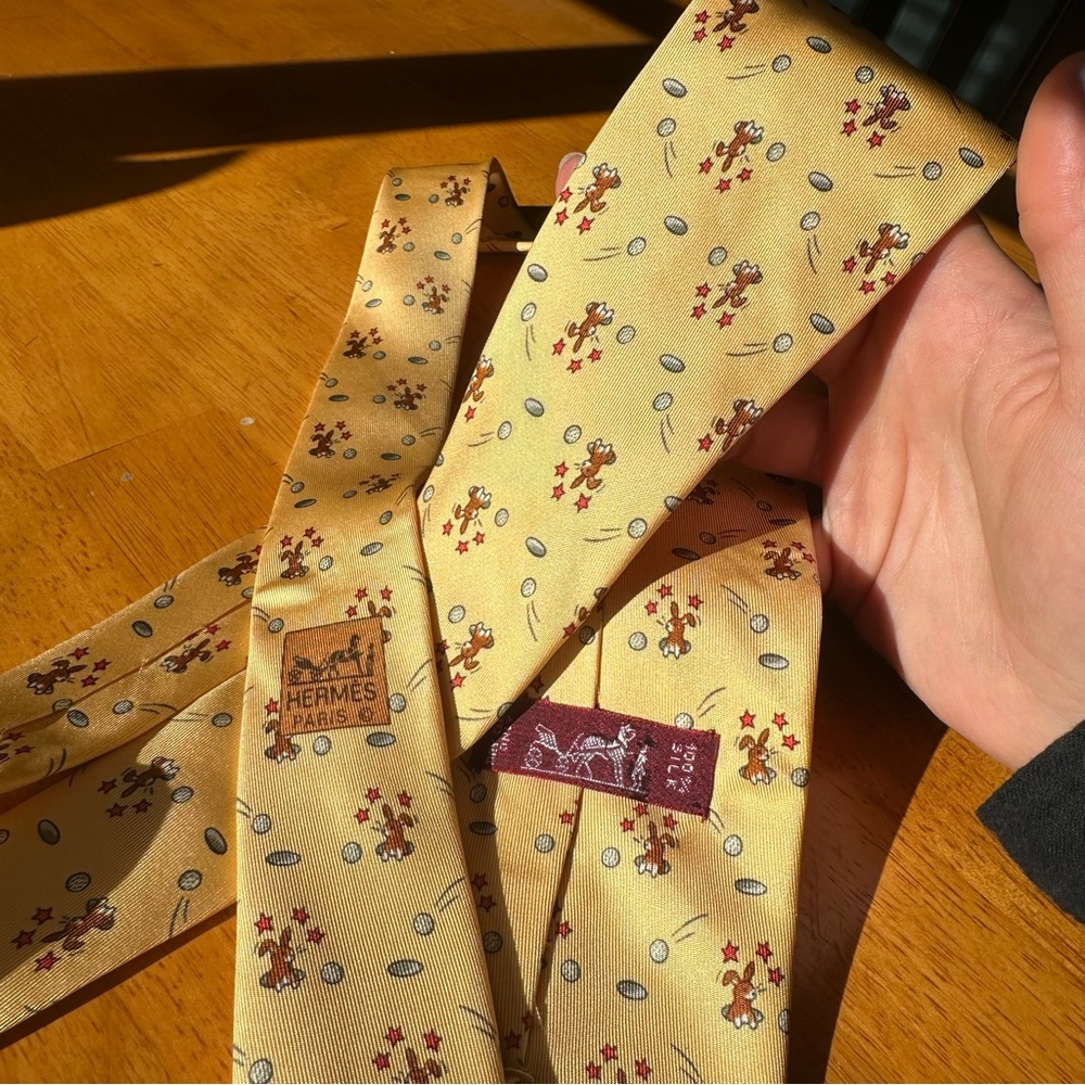 RARE! Hermès 7956 EA Yellow Rabbit & Red Star Silk Tie | 100% Silk Glossy Tipped